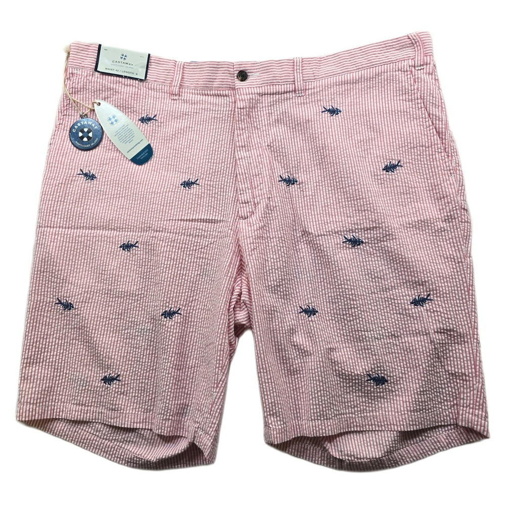 Castaway Nantucket Island Seersucker Shorts Mens 42 Pink Fish Embroidered 9" NEW